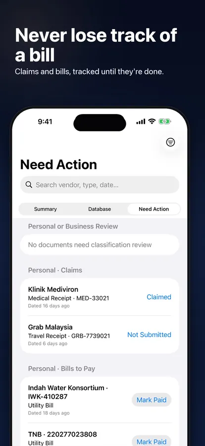 Need Action list tracking bills to pay and claims to submit