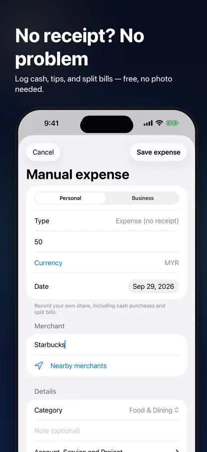 Adding an expense without a receipt